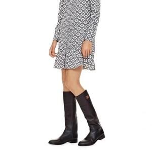 Tory Burch Junction Riding Boot Black Tall Leather Logo Round Toe Classi…